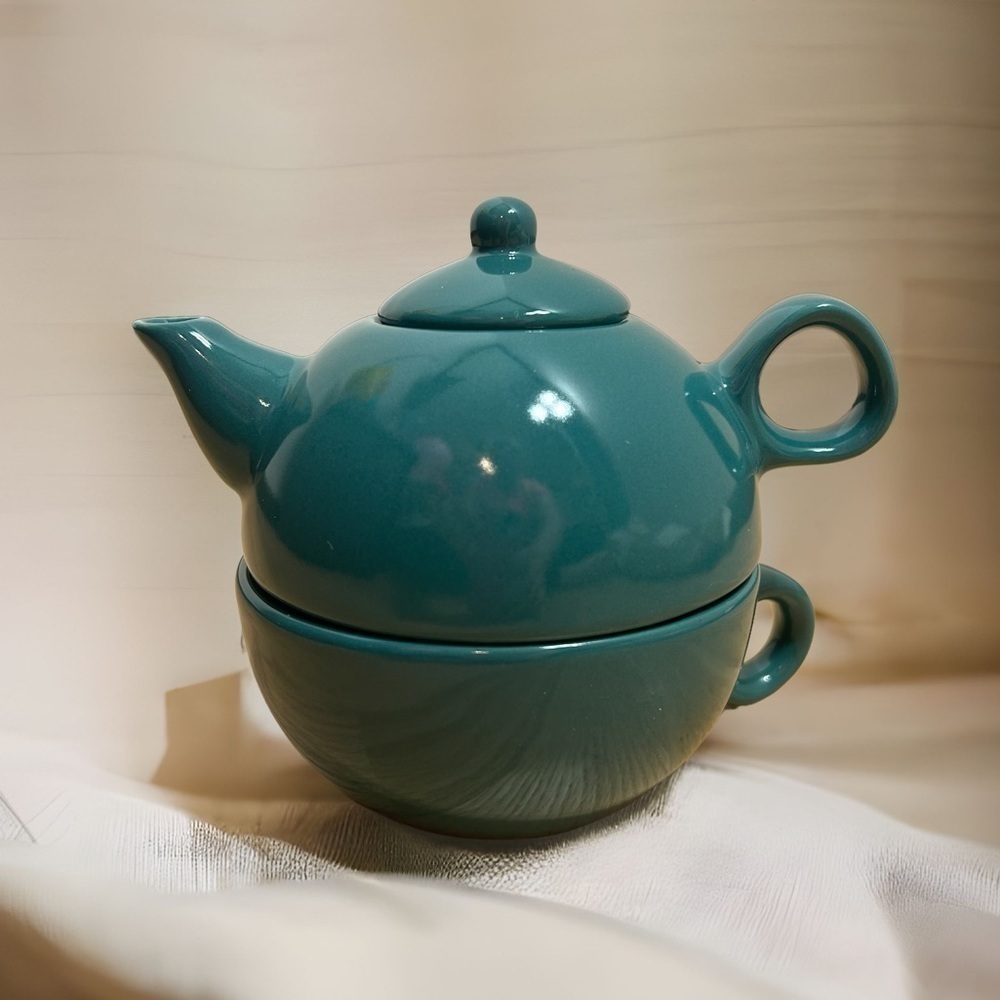 Teal Blue Tea Pot & Cup Coffee Kitchen Drink Ware Stackable Ceramic